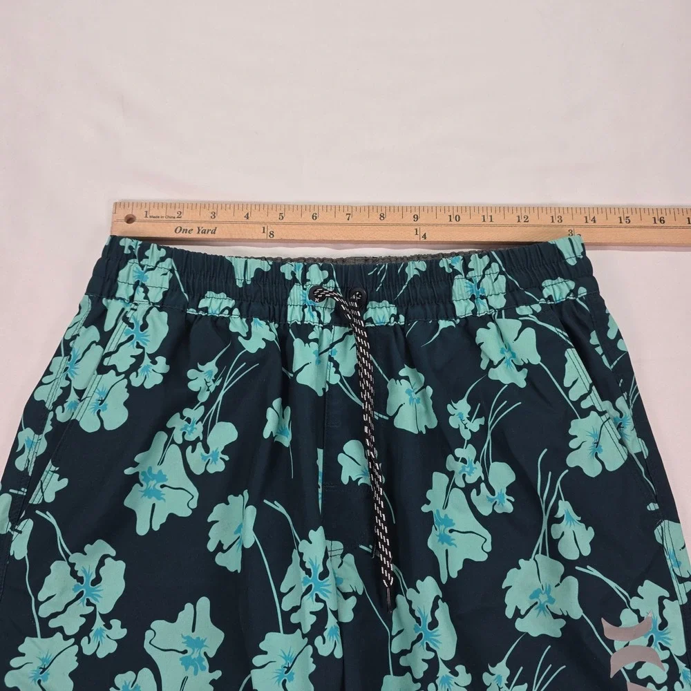 Hurley Mens Board Shorts Teal Floral Hibiscus Swim Trunks Navy Blue‎ Small 7in